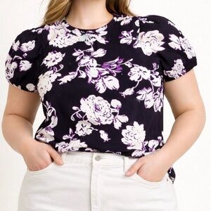 Rachel Roy Puff Short Sleeve Tee Shirt Top Floral Black Cotton NEW Size XL